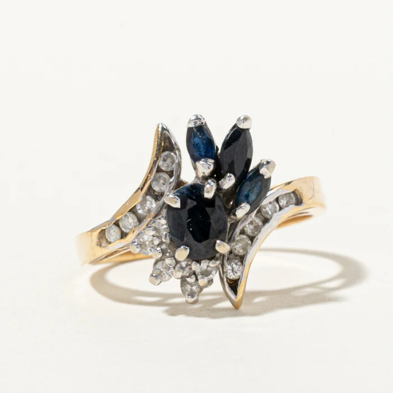 Multi Cut Sapphire & Diamond Cluster Bypass Ring